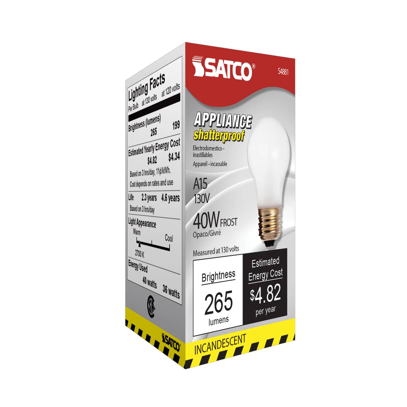 Satco Shatterproof Incandescent A15 Bulb, 40W, E26 Medium Base, 130V, Frosted, 2700K, Dimmable, 265 lm - Buchanan Lighting LTD.