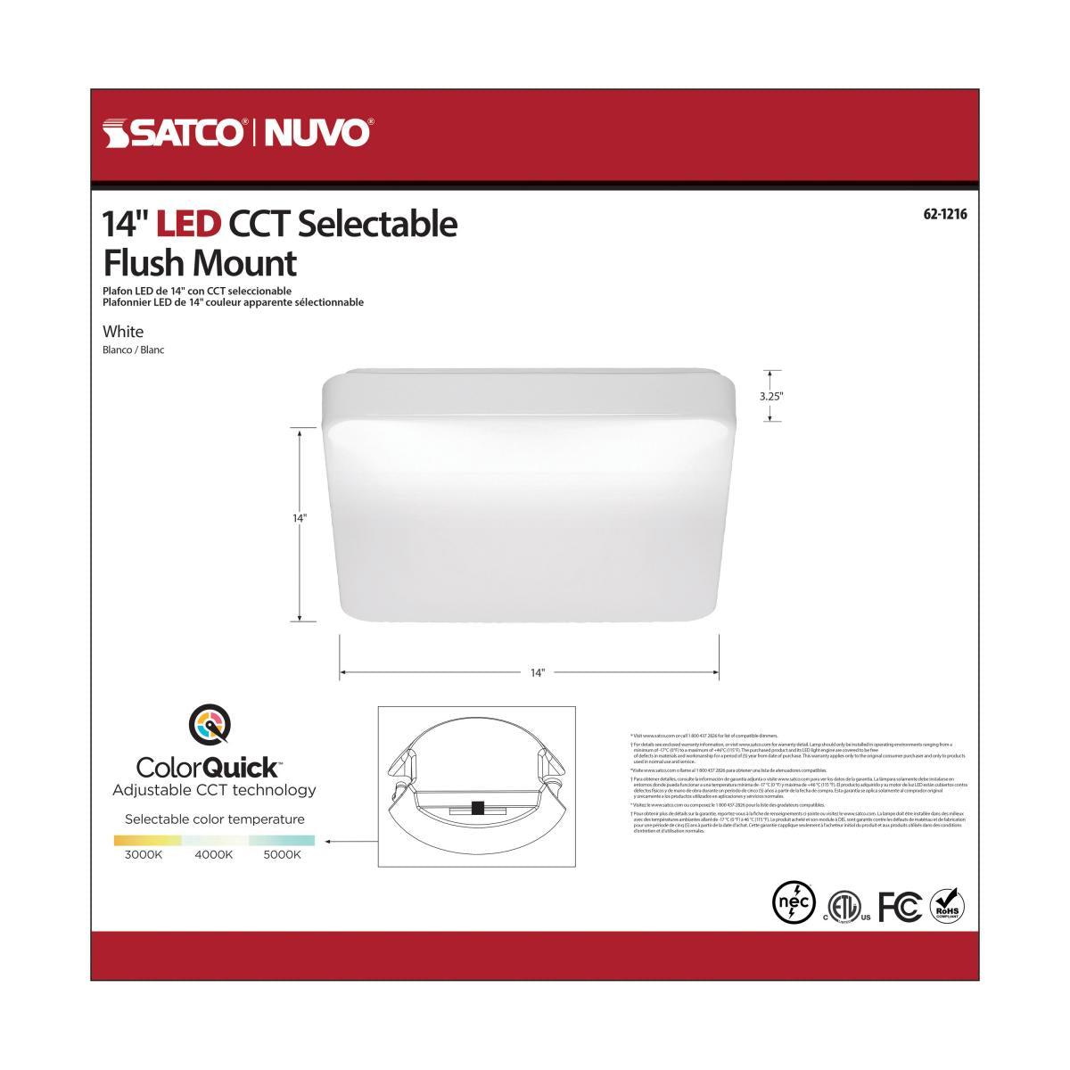 14-Inch Square LED Flush Mount Light – CCT Selectable, White Acrylic - Buchanan Lighting LTD.