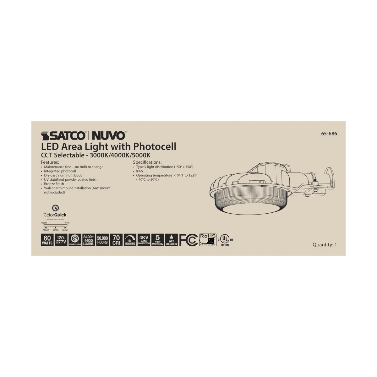 60W LED Area Light with Photocell – CCT Selectable, Dimmable, IP65 Rated - Buchanan Lighting LTD.