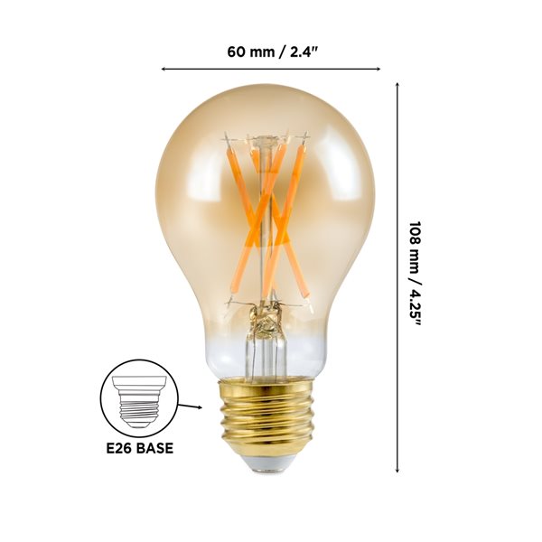 Luminus 8W A19 Vintage Filament LED Bulb | 2200K Amber | 800LM | Dimmable | 6-Pack - Buchanan Lighting LTD.