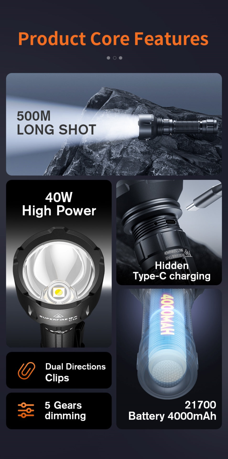 SUPERFIRE C16 Long-Range LED Flashlight | 2700LM, 500m Beam, Rechargeable - Buchanan Lighting LTD.