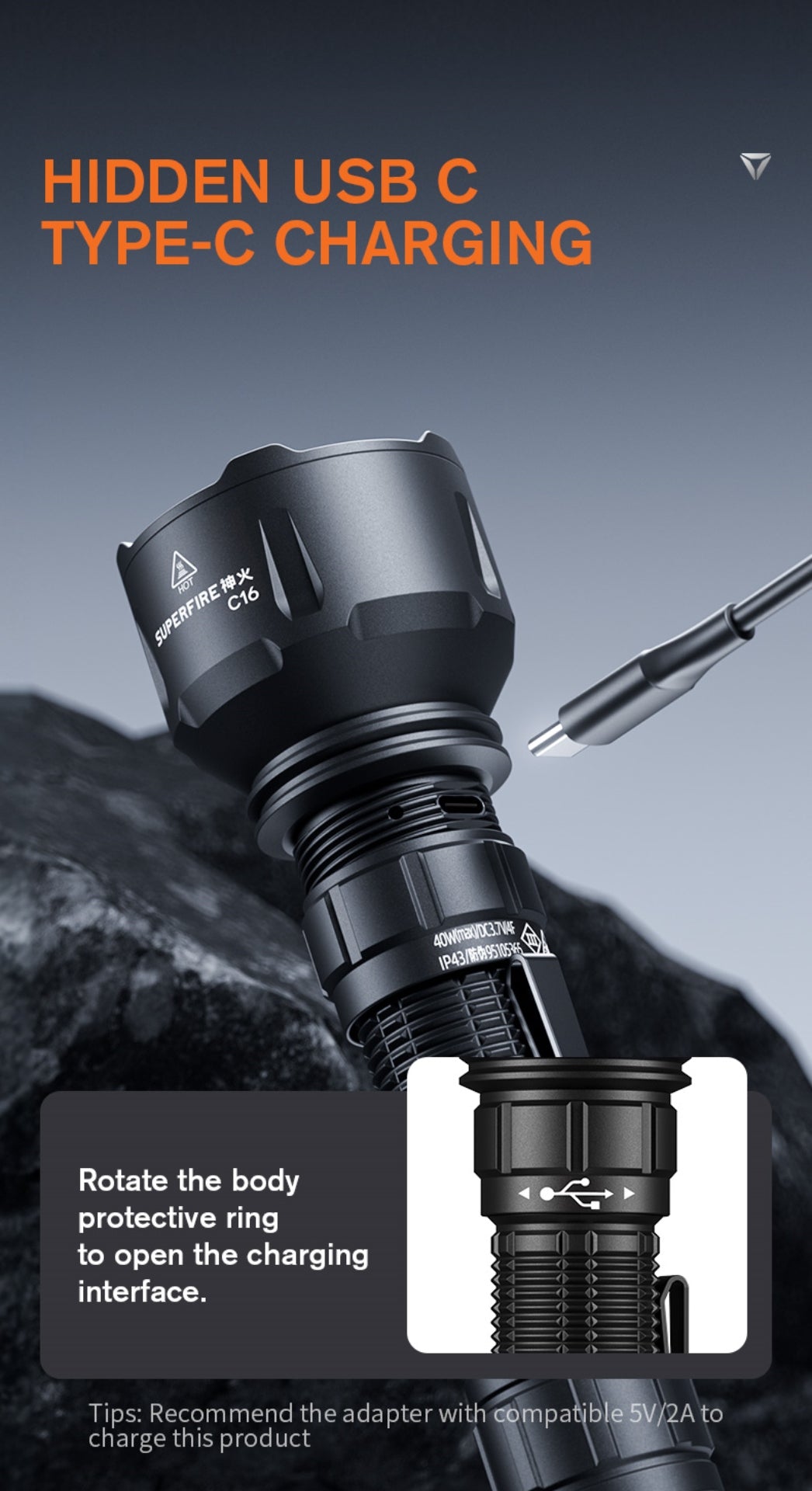 SUPERFIRE C16 Long-Range LED Flashlight | 2700LM, 500m Beam, Rechargeable - Buchanan Lighting LTD.