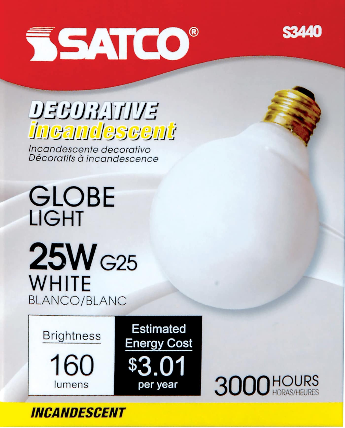 Satco Incandescent G25 Globe Bulb, 25W, E26 Medium Base, 120V, Gloss White, 160 lm, 2700K, Dimmable, 3000 Hr - Buchanan Lighting LTD.