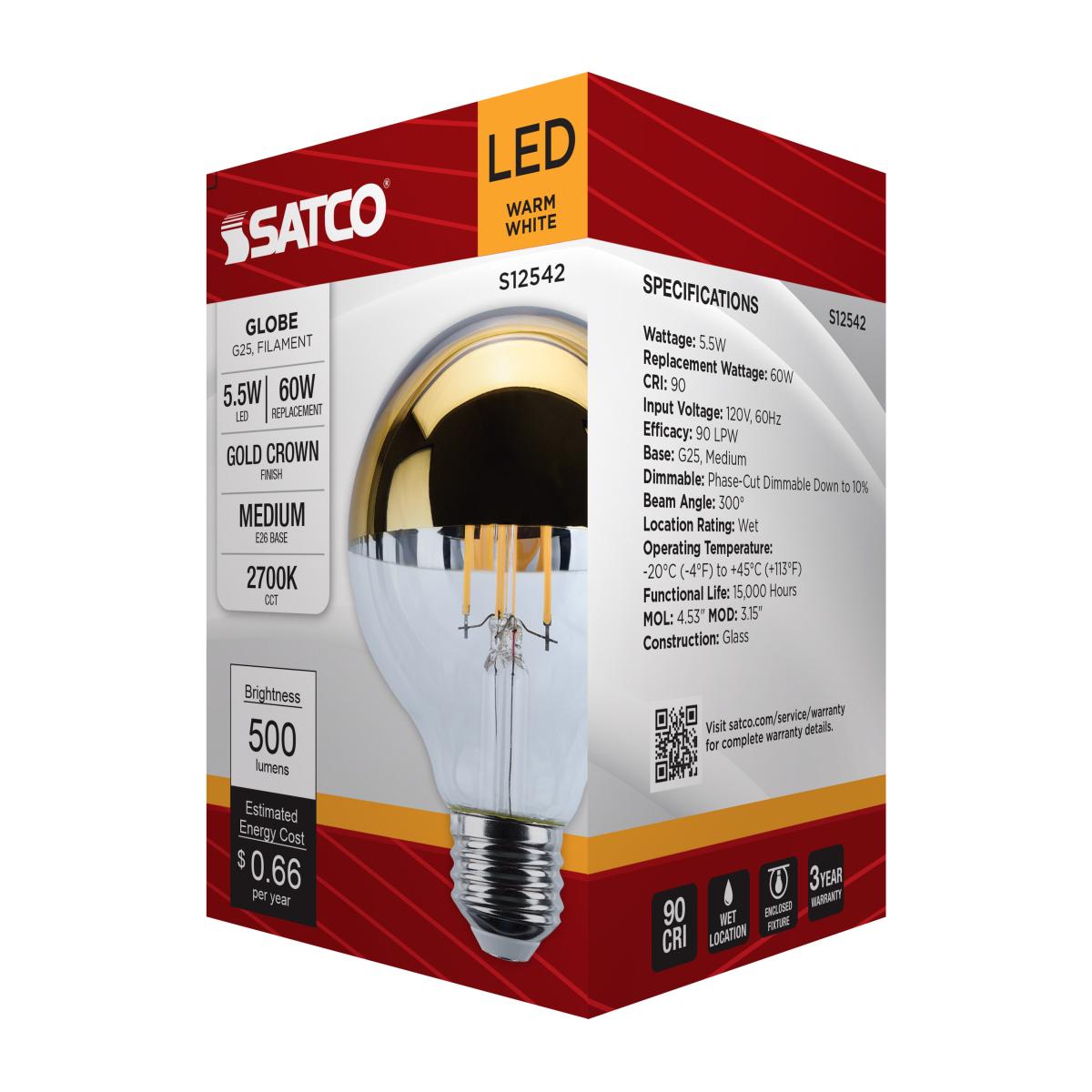 G25 Gold Half Mirror LED Bulb – 5.5W (60W Equivalent) | 2700K Warm White | Dimmable - Buchanan Lighting LTD.