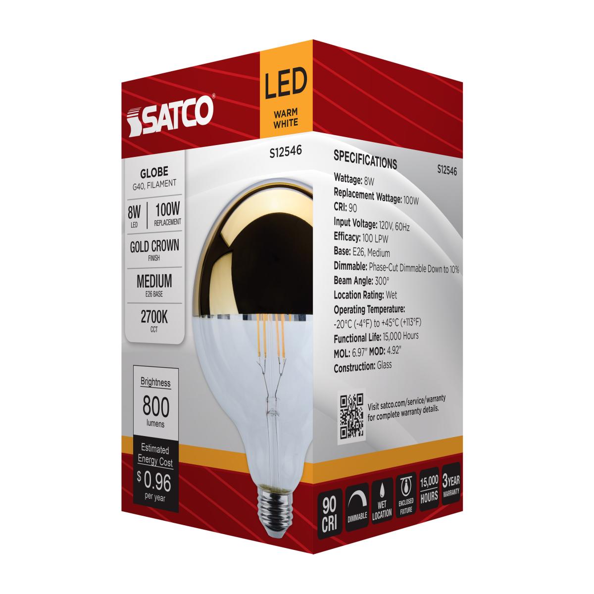 G40 Gold Half Mirror LED Bulb – 8W (100W Equivalent) | 2700K Warm White | Dimmable - Buchanan Lighting LTD.
