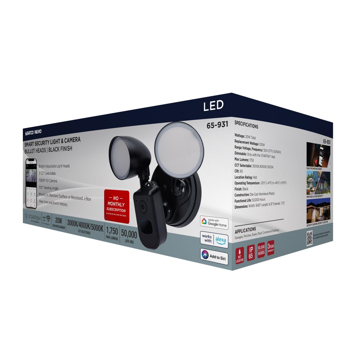 Smart Outdoor Security Light with Camera | 20W | CCT Selectable (3000K/4000K/5000K) | Starfish IoT | Black Finish | WiFi Enabled - Buchanan Lighting LTD.