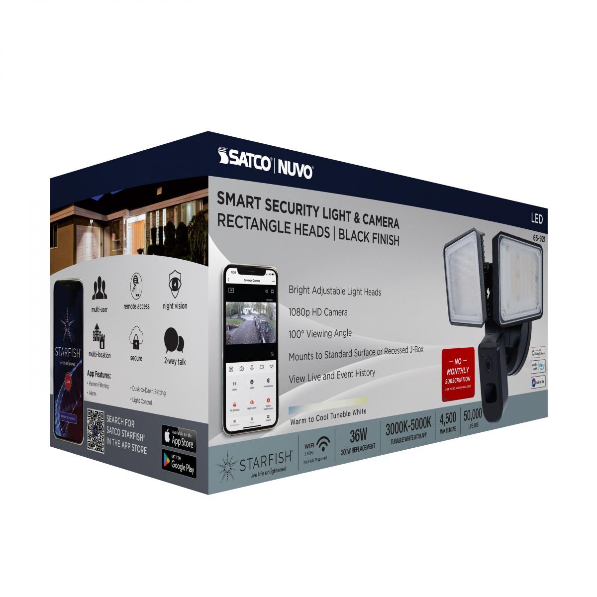 Smart Outdoor Rectangular Security Light with Camera | 36W | Tunable White (3000K-5000K) | Starfish IoT | Black Finish | WiFi Enabled - Buchanan Lighting LTD.