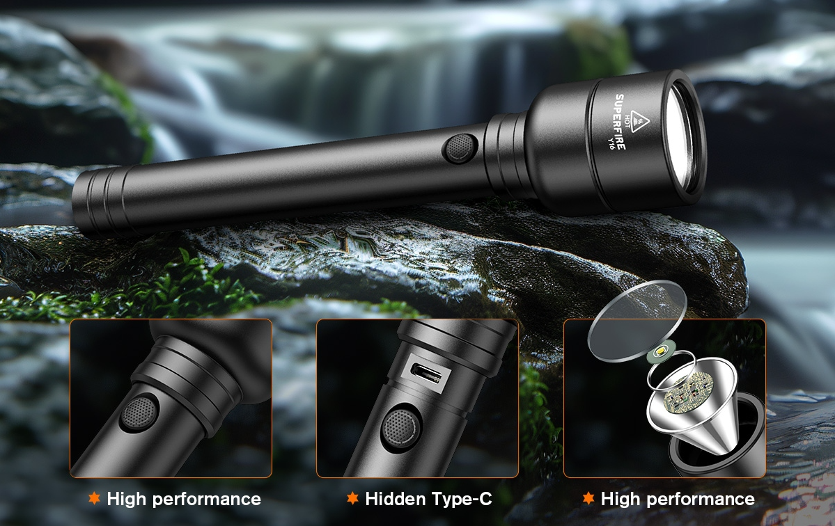 SUPERFIRE Y16 High Power LED Flashlight | 1660LM, USB-C Rechargeable - Buchanan Lighting LTD.