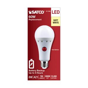 8W A21 LED Bulb – 3000K Soft White, Medium Base, 120V, 5-Hour Battery Backup - Buchanan Lighting LTD.