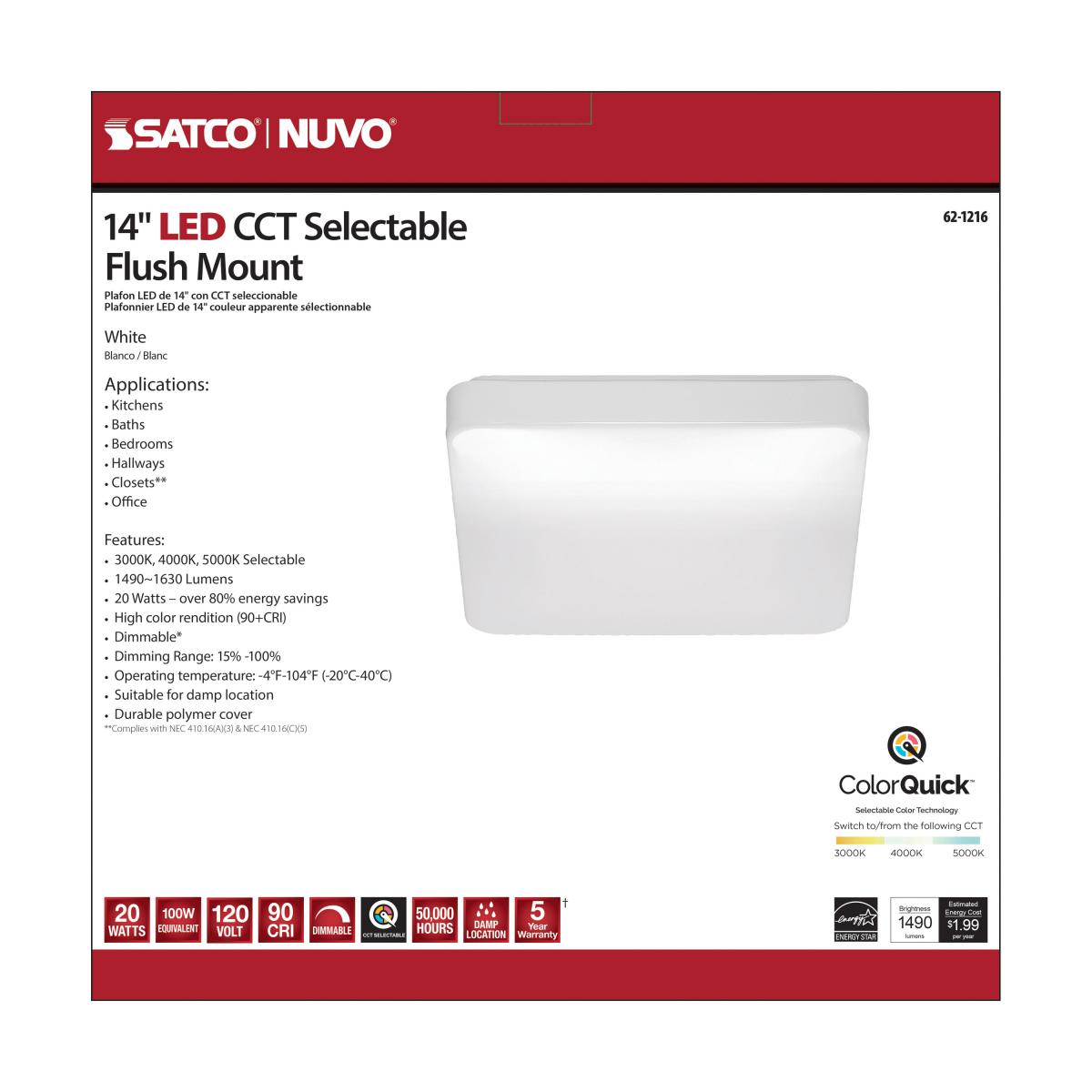 14-Inch Square LED Flush Mount Light – CCT Selectable, White Acrylic - Buchanan Lighting LTD.