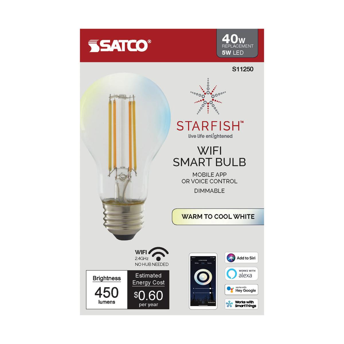 Smart A19 LED Bulb | 5W | Tunable White (2700K-5000K) | Starfish IoT | Clear Glass | E26 Base | 120V