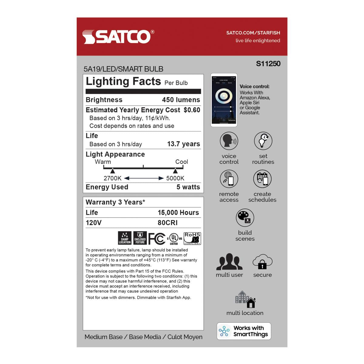 Smart A19 LED Bulb | 5W | Tunable White (2700K-5000K) | Starfish IoT | Clear Glass | E26 Base | 120V