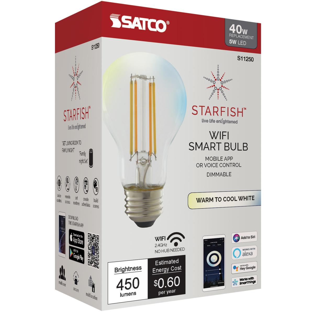 Smart A19 LED Bulb | 5W | Tunable White (2700K-5000K) | Starfish IoT | Clear Glass | E26 Base | 120V