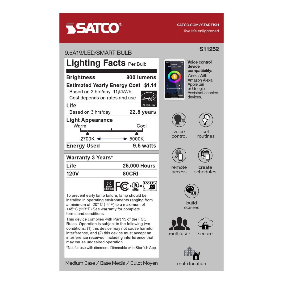 Smart A19 LED Bulb | 9.5W | RGB & Tunable White (2700K-5000K) | Starfish IoT | E26 Base | 800 Lumens | 120V