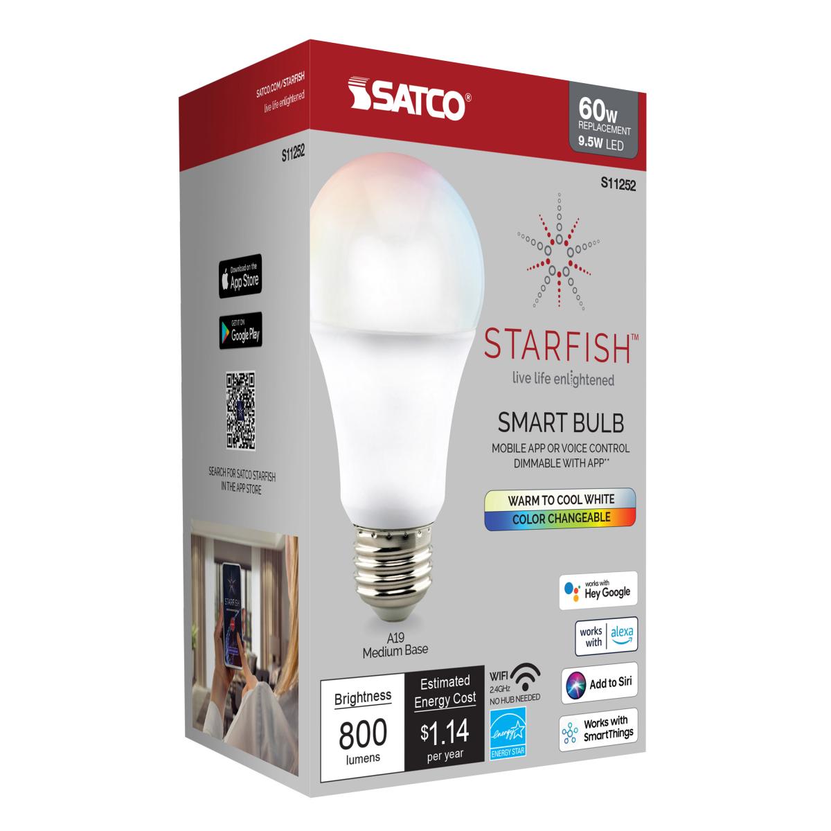 Smart A19 LED Bulb | 9.5W | RGB & Tunable White (2700K-5000K) | Starfish IoT | E26 Base | 800 Lumens | 120V