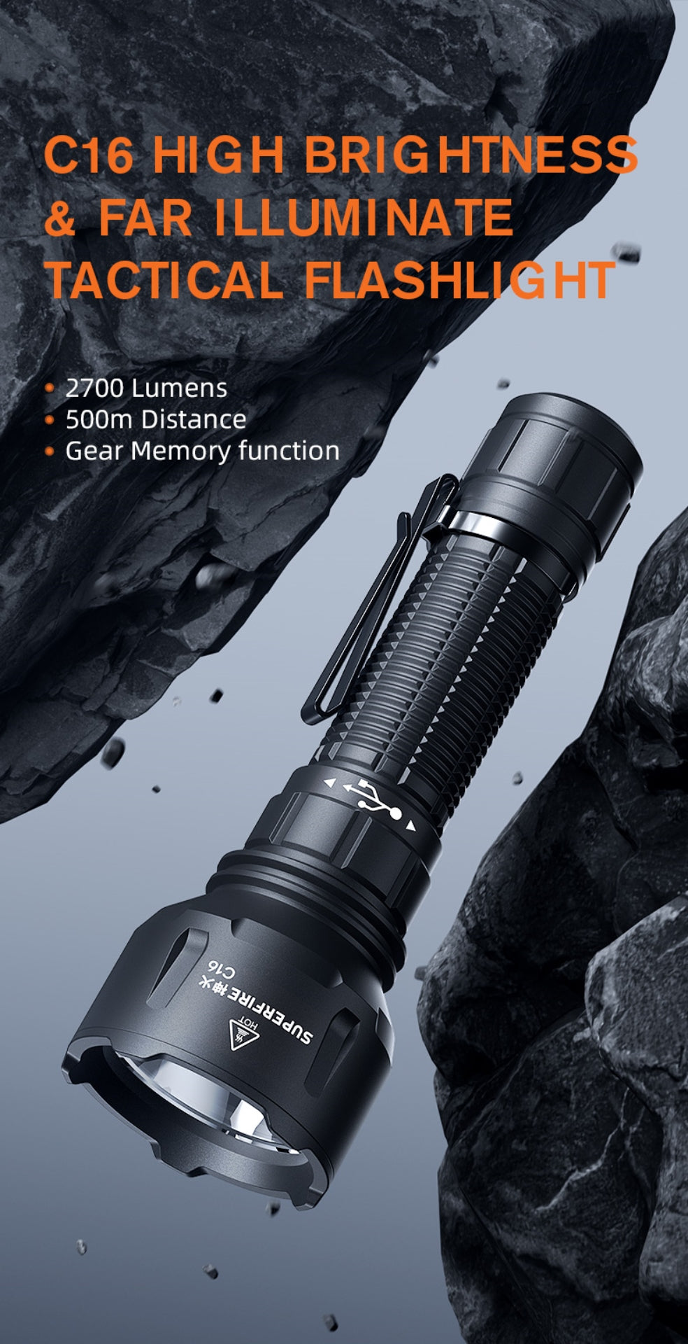SUPERFIRE C16 Long-Range LED Flashlight | 2700LM, 500m Beam, Rechargeable - Buchanan Lighting LTD.