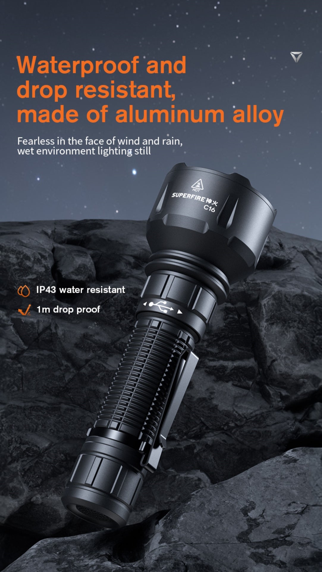 SUPERFIRE C16 LED Flashlight | 2700LM, 500m Beam, USB Rechargeable