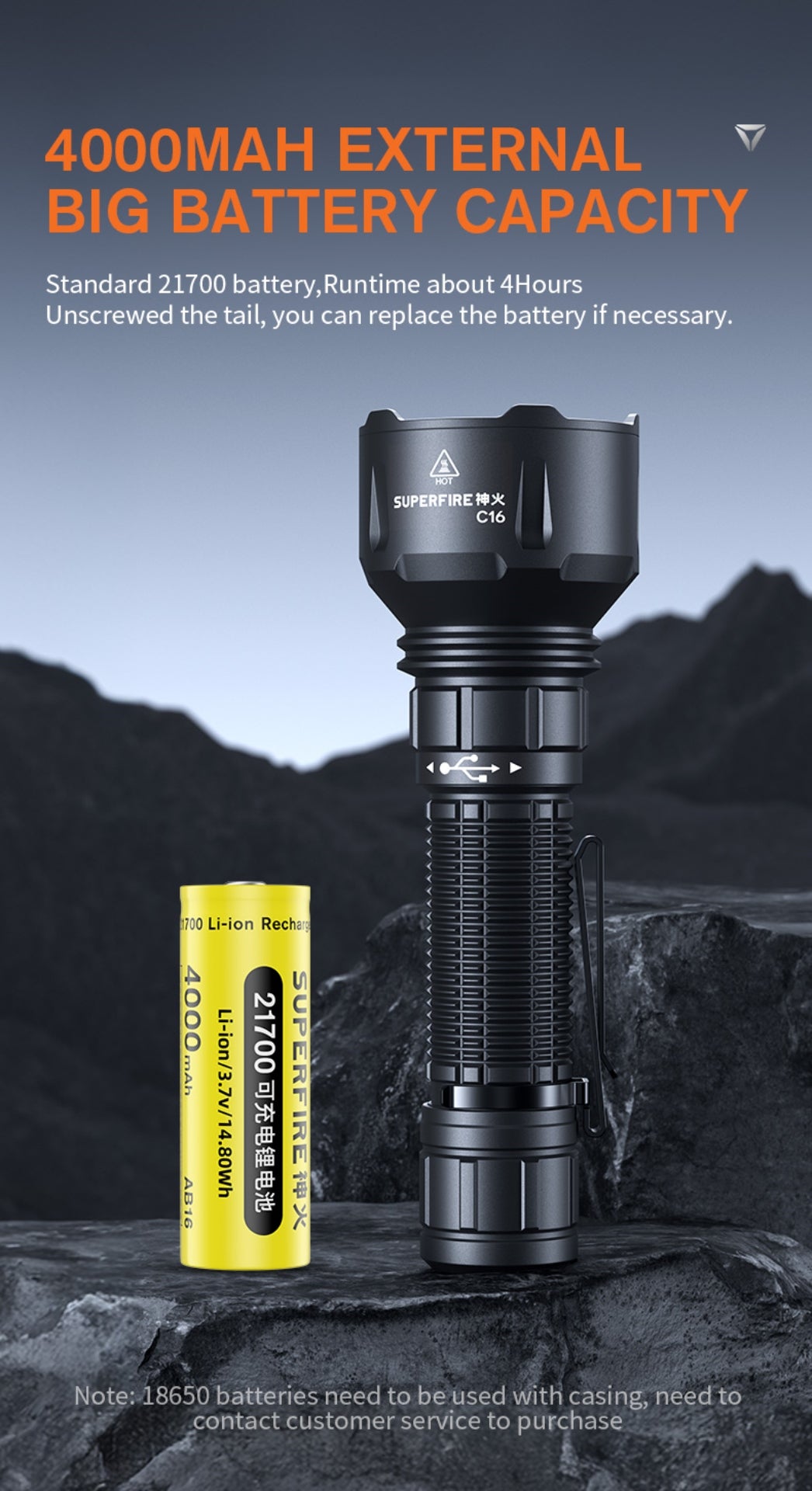 SUPERFIRE C16 LED Flashlight | 2700LM, 500m Beam, USB Rechargeable