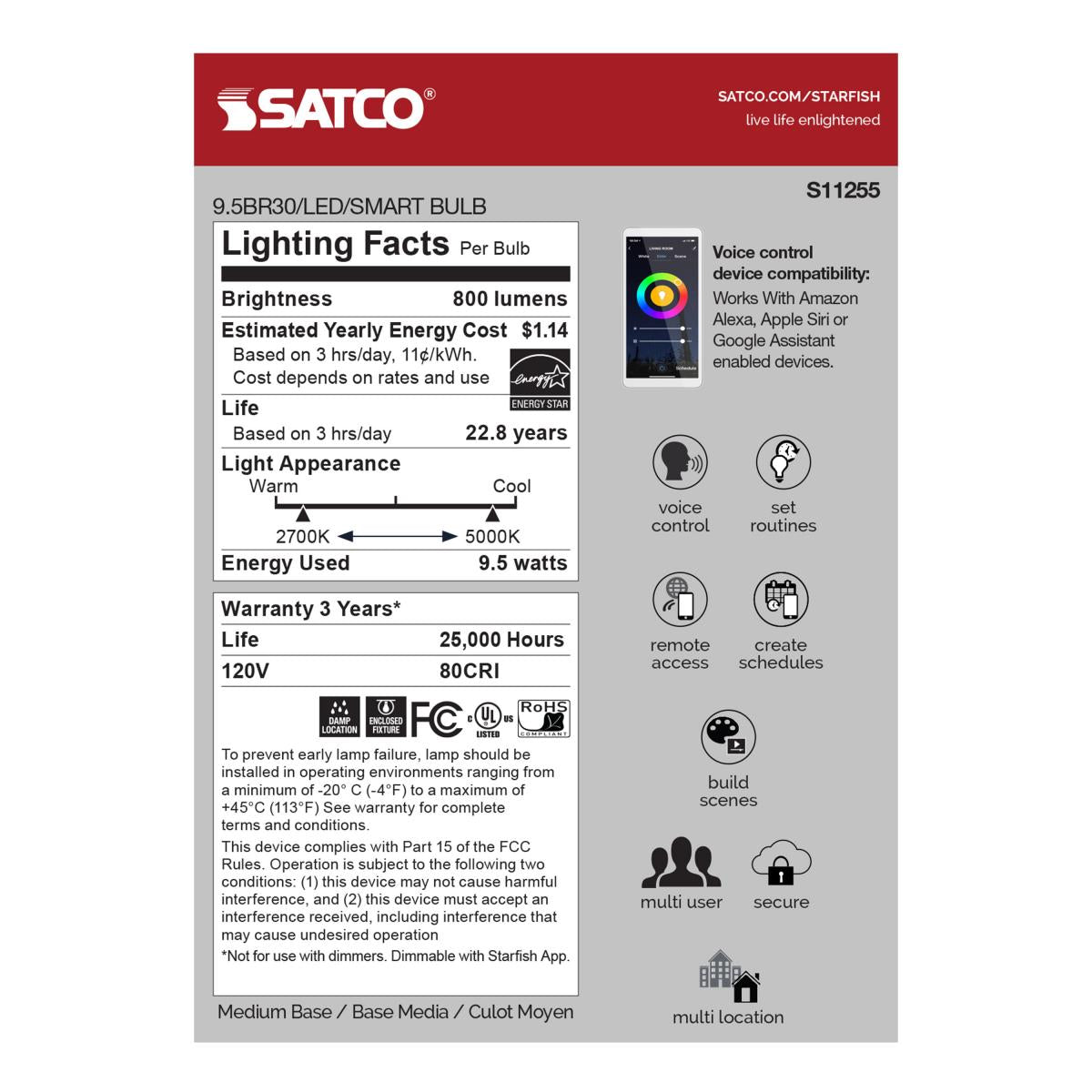 Smart BR30 LED Bulb | 9.5W | RGB & Tunable White (2700K-5000K) | Starfish IoT | E26 Base | 800 Lumens | 120V