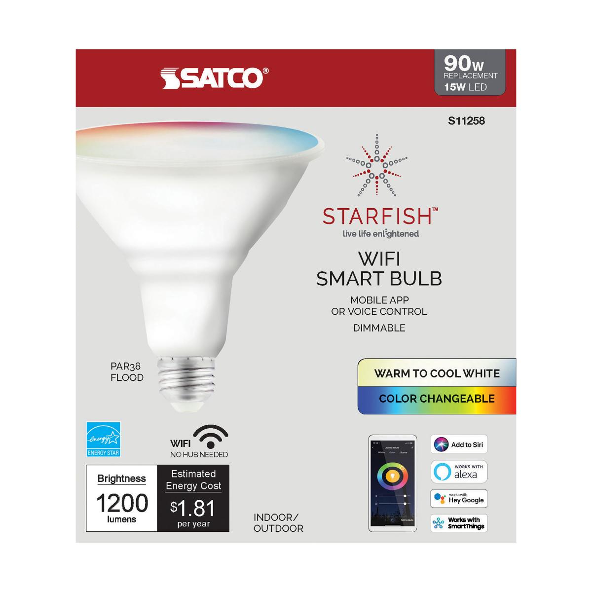 Smart PAR38 LED Bulb | 15W | RGB & Tunable White (2700K-5000K) | Starfish IoT | E26 Base | 1200 Lumens | 120V | Wet Rated