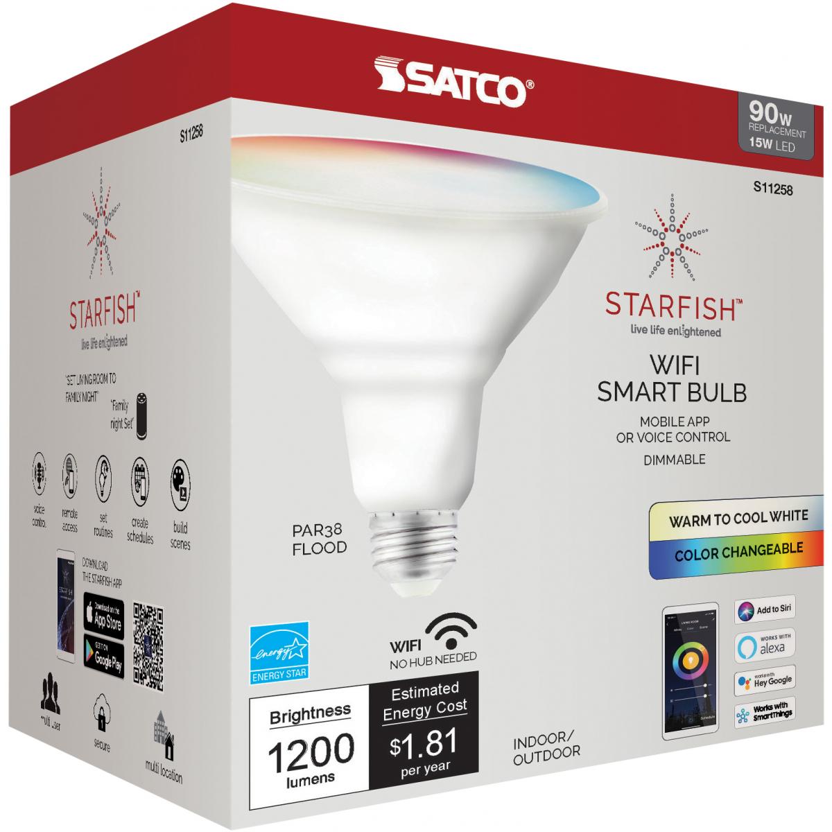 Smart PAR38 LED Bulb | 15W | RGB & Tunable White (2700K-5000K) | Starfish IoT | E26 Base | 1200 Lumens | 120V | Wet Rated