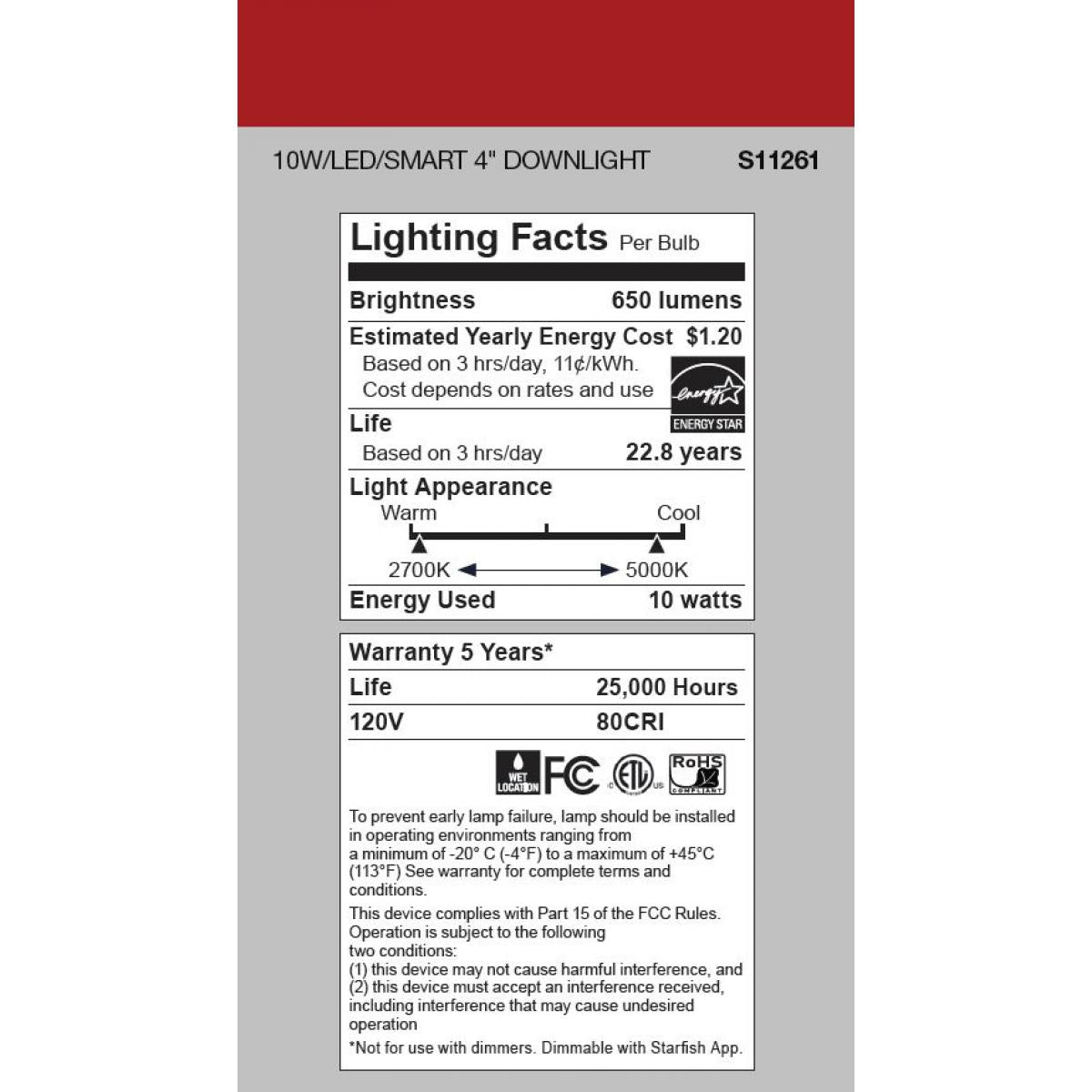 Smart 4-Inch LED Downlight | 10W | Tunable White (2700K-5000K) | Starfish IoT | Round | Remote Driver | Wet Rated | 120V