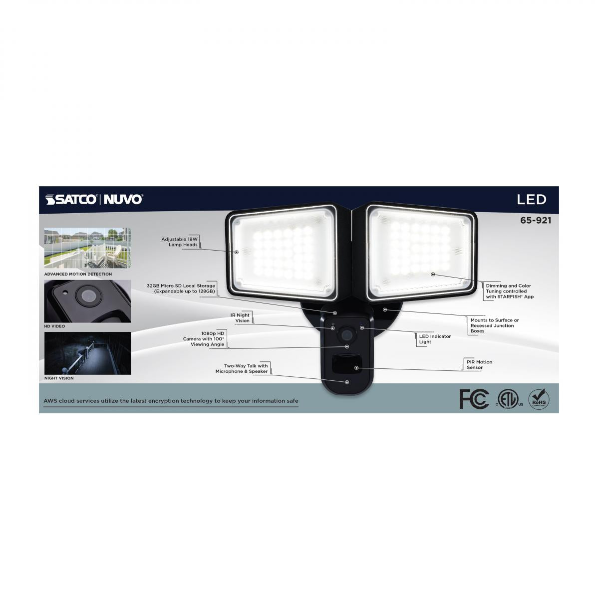 Smart Outdoor Rectangular Security Light with Camera | 36W | Tunable White (3000K-5000K) | Starfish IoT | Black Finish | WiFi Enabled