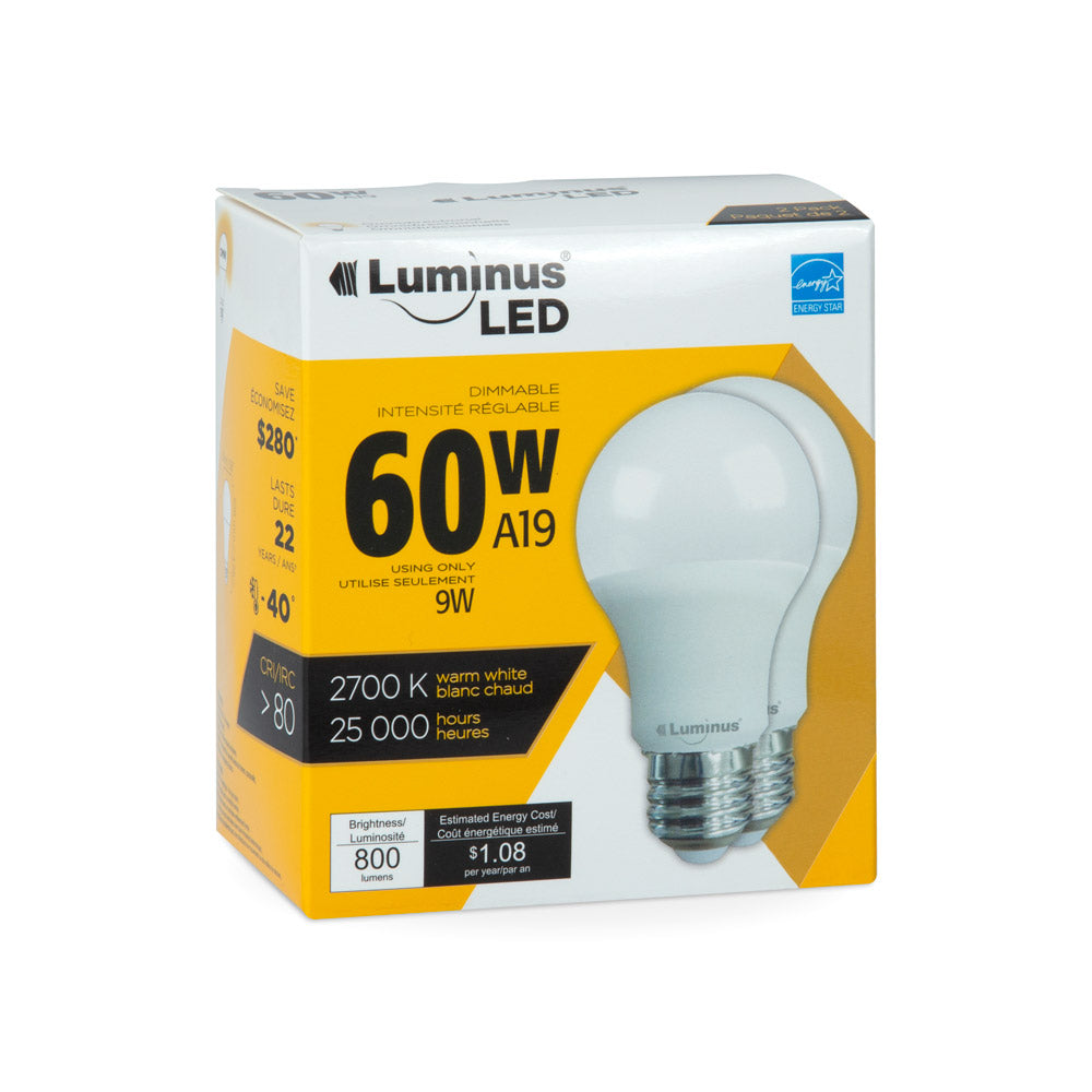 Luminus 8W A19 LED Bulb 2-Pack | 2700K | 800LM | Dimmable | 60W Equivalent