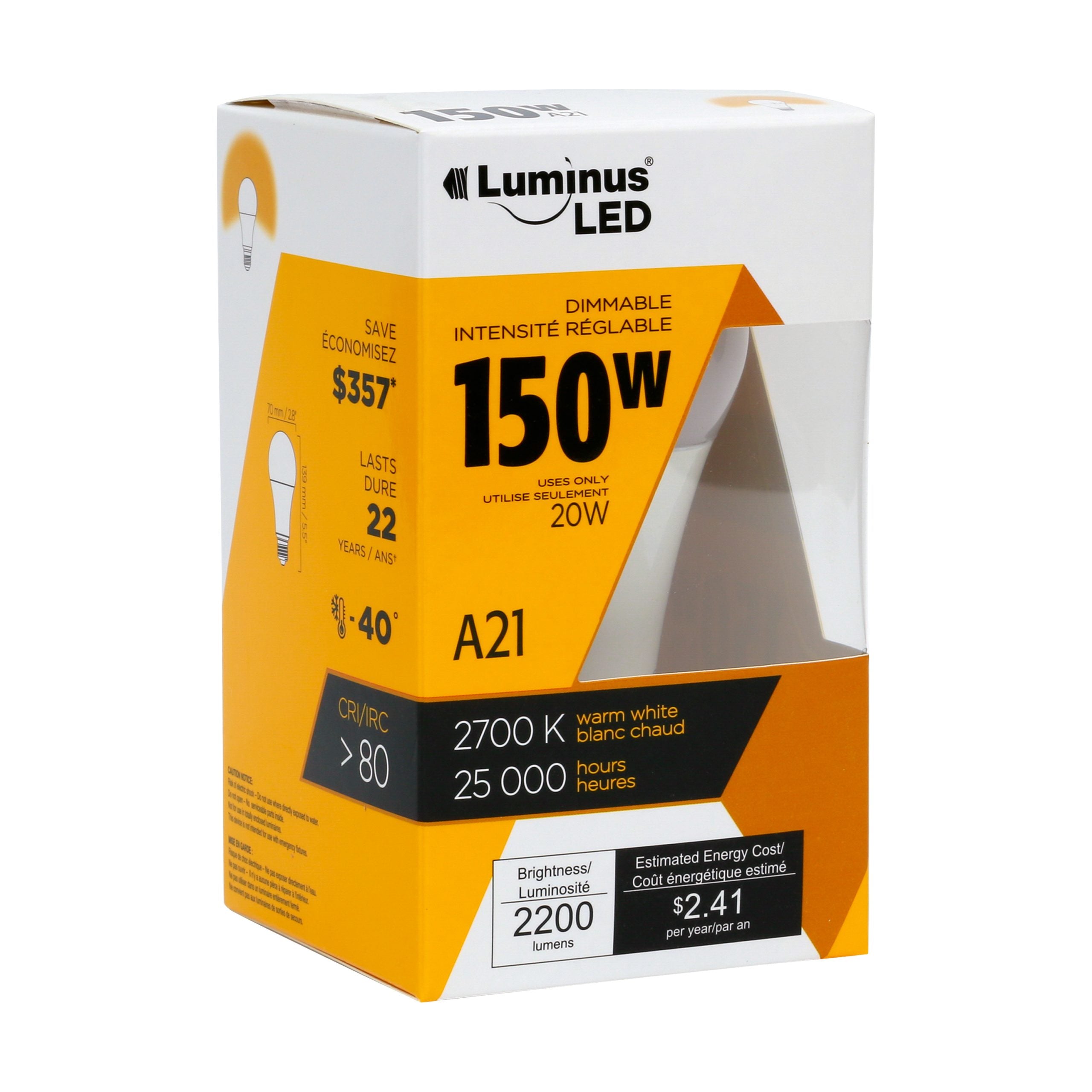 Luminus 20W A21 LED Bulb | 6-Pack | 2700K | 2200LM | Dimmable | 150W Equivalent